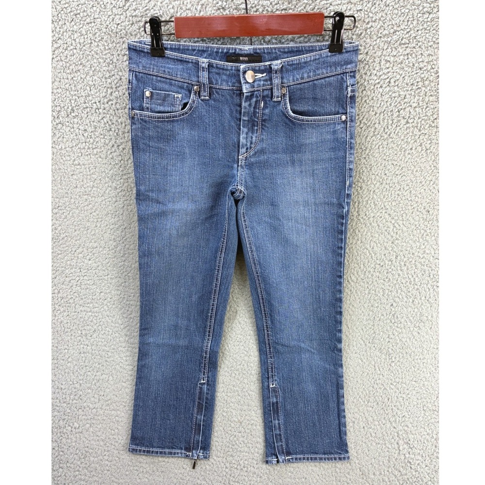 Hugo Boss Womens Blue Stretch Denim Cropped Jeans Size 27 Medium Wash Zipper Hem